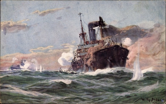 Artist PC Stöwer, Willy, German submarine in combat with a merchant steamer in the restricted area