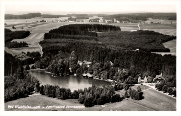 Postcard Bad Wörishofen in Unterallgäu, landscape photo with bathing lake, forests, and family pool Sonne