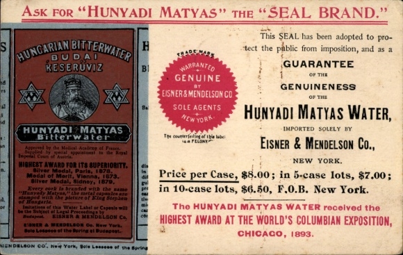 Postcard Hunyadi Matyas Hungarian Bitter Water, imported by Eisner & Mendelson Co., New York