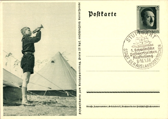 Postal stationery Postcard HJ Pimpf blows the roll call, tent camp, Nazi Party Rally 1937