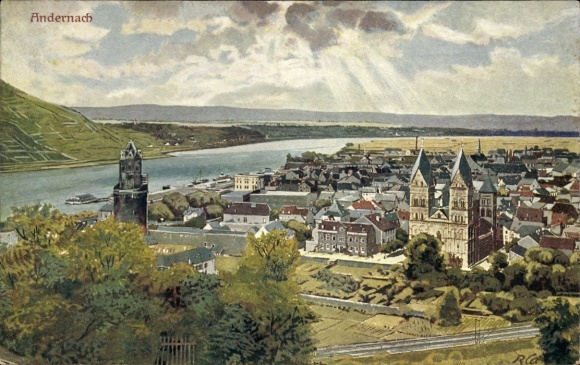 Artist Postcard Andernach in the district of Mayen Koblenz, partial view of the city with the Rhine
