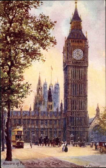 Artist Postcard Flower, Charles, London City, Houses of Parliament, Big Ben