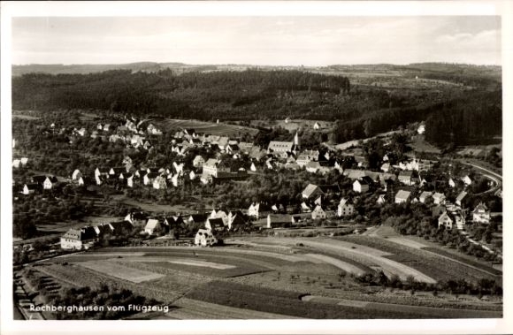Postcard Rechberghausen in Baden Württemberg, aerial view of many houses, forest in the background