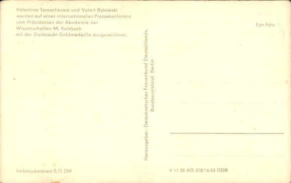 Ak-kosmonauten Valentina Tereshkova en Valeri Bykovsky, portret van Lenin, gouden medaille van Tsiolkovsky