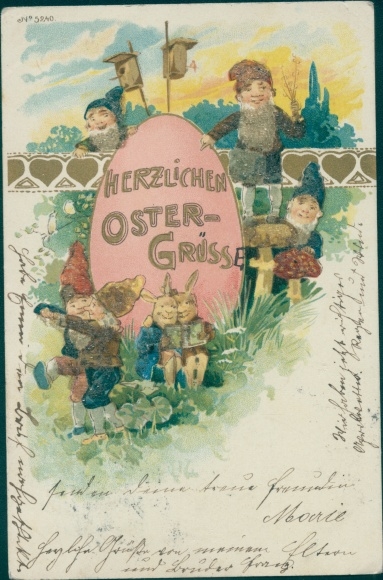 Glitter Postcard congratulations Easter, dwarfs, Easter bunnies, Easter egg