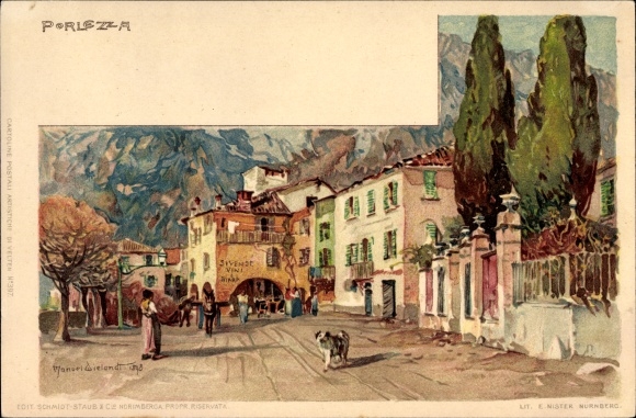 Artist Chromo-Litho Wielandt, Manuel, Porlezza Lombardia, street section in town