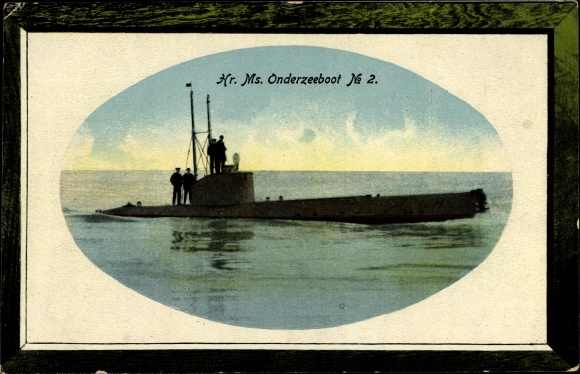 Embossed passepartout PC Dutch warship, submarine, Hr. Ms. Onderzeeboot No. 2