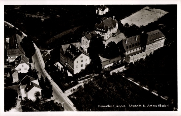 Postcard Sasbach am Kaiserstuhl, aerial photograph, Lender boarding school
