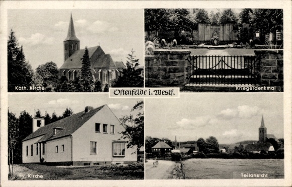 Postcard Ostenfelde Ennigerloh Westphalia, Catholic Church, War Memorial, Protestant Church, Partial View