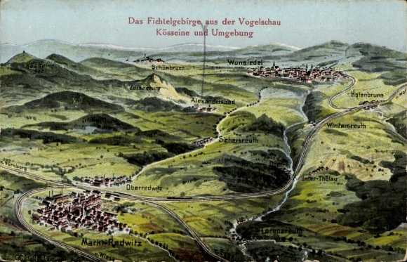 Artist maps Postcard Felle, Eugen, Wunsiedel in the Fichtelgebirge Upper Franconia, Kösseine and surroundings