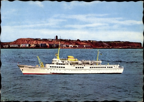 Ansichtkaart Helgoland, schip DES Bunte Kuh voor het eiland, HADAG