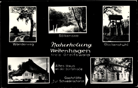Postcard Weitenhagen near Greifswald, hiking trail, Sölkensee, bell tower, restaurant Zur Schwedenschanze