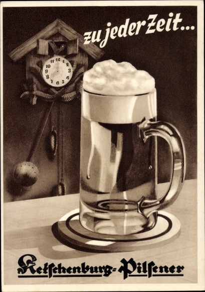 Postcard At any time Ketschenburg Pilsener, beer mug, advertising, cuckoo clock