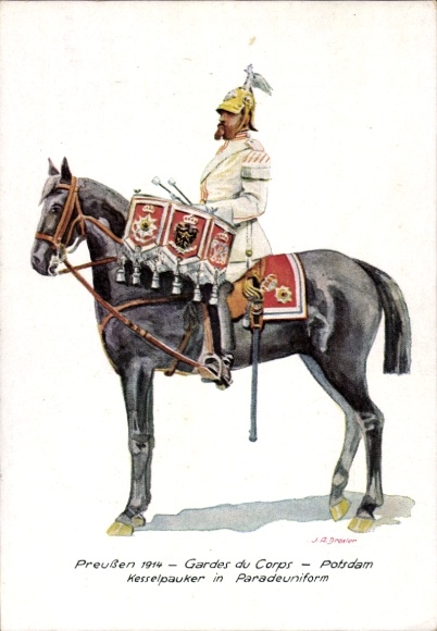 Artist Postcard Prussia 1914, Gardes du Corps, kettle drummer in parade uniform, Stamp Day 1943