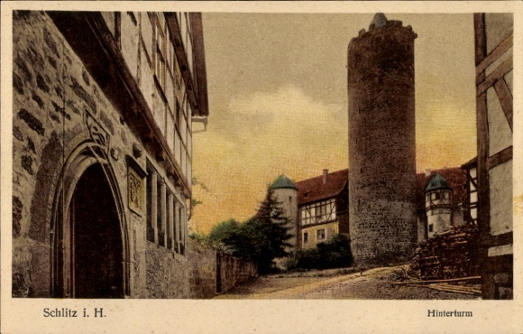 Postcard Schlitz in Hesse, rear tower, building, colored illustration