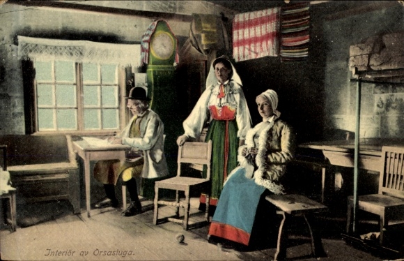 Postcard Interiör av Orsastuga, folk costumes