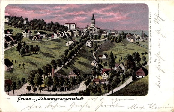 Postcard Johanngeorgenstadt in the Ore Mountains, mountain town, houses, church, landscape, PC