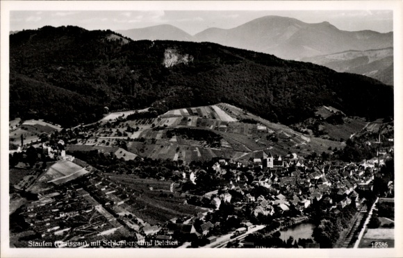 Postcard Staufen im Breisgau, Schlossberg, Belchen, aerial photograph