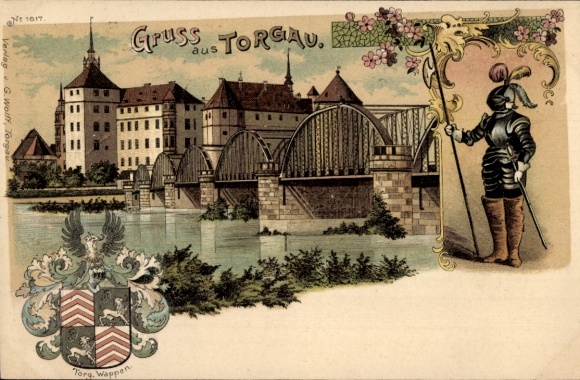 Wappen Litho Torgau an der Elbe, Gesamtansicht, Brücke, Stadtwappen