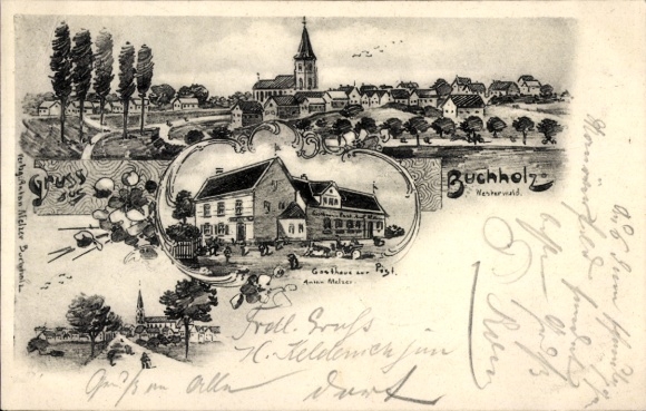 Chromo-Litho Buchholz in the Westerwald, general view, Gasthaus zur Post, church