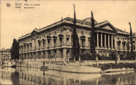KP Gand Gent Flandria Wschodnia, Palais de Justice, Gerechtshof, woda, drzewa