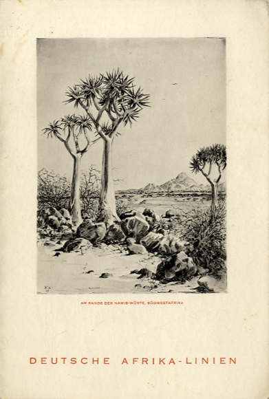 Künstler Menükarte H K, Dampfer Ussukuma, 21. März 1936, Hauptmahlzeit, Namib Wüste