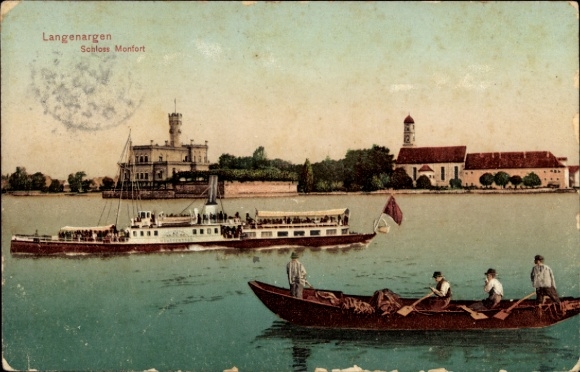 Ak Langenargen am Bodensee, Schloss Monfort,  Dampfer, See, Personen im Boot