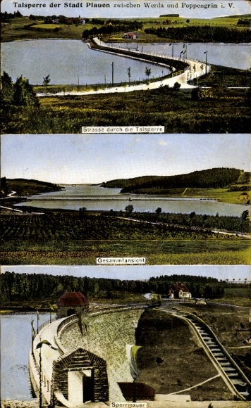 Postcard Plauen in Vogtland, dam, road through the dam, overall view, dam wall