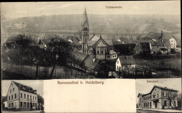 Postcard Bammental in Baden, general view, church, commercial building, train station