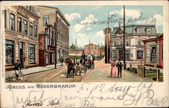 litho Süderbrarup in vissen, weggedeelte, actie Diederichsen, koets, fietser