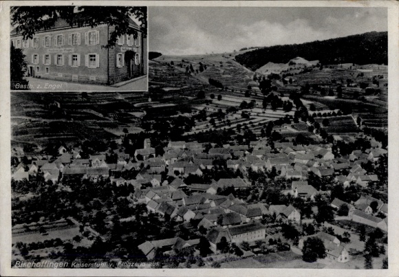 Postcard Bischoffingen Vogtsburg in the Kaiserstuhl, aerial view of Gasthaus Engel, wine-growing areas