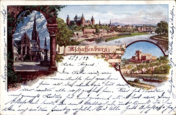 Kunstenaarsbriefkaart Aschaffenburg in Neder-Franken Beieren, kerk, algemeen beeld