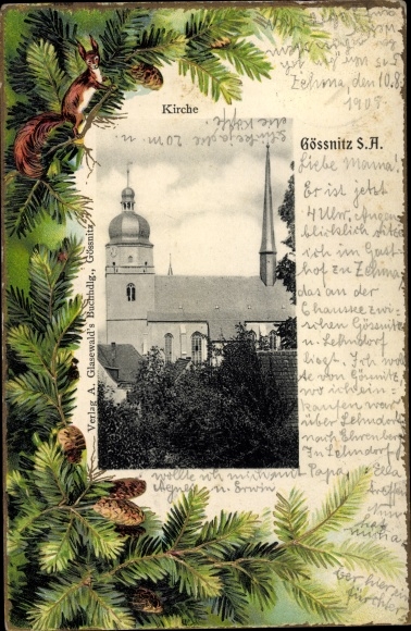 Präge Passepartout Ak Gößnitz in Thüringen, Kirche, Eichhörnchen