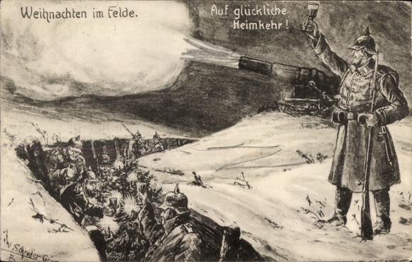 Künstler Ak Glückwunsch Weihnachten, Soldat mit Sektglas, Geschütz