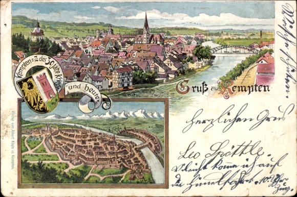 Litho Kempten im Allgäu Schwaben, Gesamtansicht, zur Zeit des 30jähr. Krieges, heute
