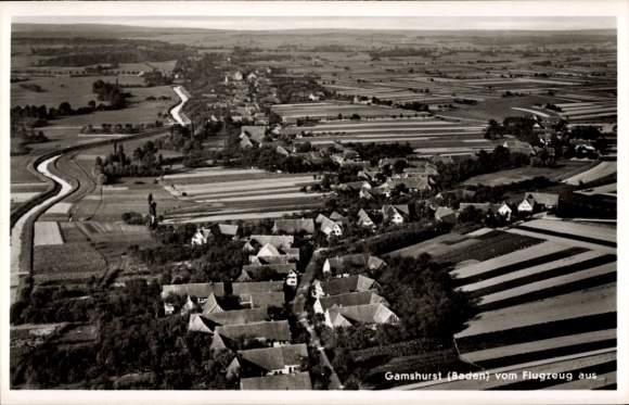 Postcard Gamshurst Achern in Baden Black Forest, aerial view, fields, residential buildings, rural landscape