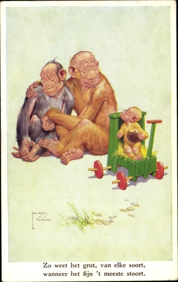 Artist Postcard Wood, Lawson, Anthropomorphized Monkeys, Child in Handcart