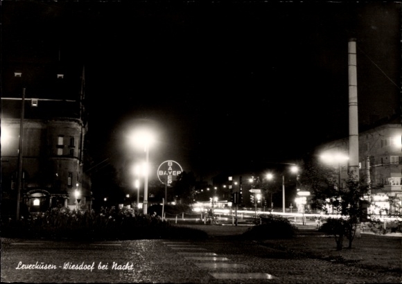 Postcard Wiesdorf Leverkusen am Rhein, Leverkusen Wiesdorf at night, BAYEP, city lights, street view