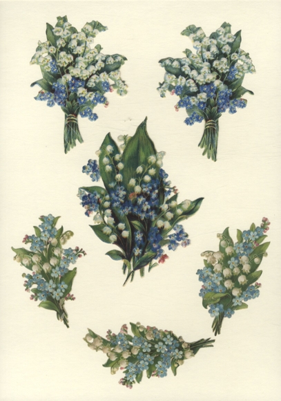 6 Oblaten Blumenbouquets mit Maiglöckchen und Vergissmeinnicht, 13 x 10 cm bis 9 x 6 cm