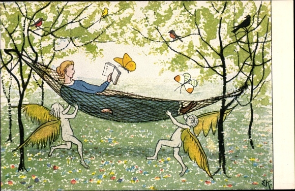 Artist Postcard Kreidolf, Ernst, In the hammock, angels, butterflies