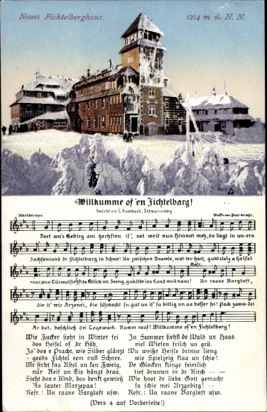 Song Postcard Vogel, Wilhelm, Oberwiesenthal, Wilkumme of &#39;en Fichtelbarg, Neues Fichtelberghaus, Winter