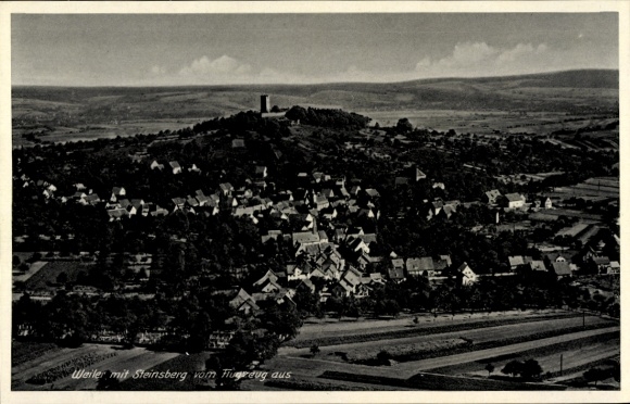 Postcard Weiler Sinsheim in Baden, Burg Steinsberg, aerial photograph, Wirtschaft zur Rose