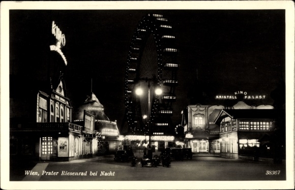 Postcard Wien 2. Leopoldstadt, Prater Riesenrad at night, cinema