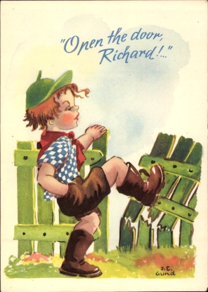 Artist Postcard Gund, Boy tramples a fence