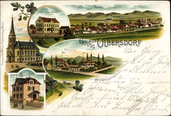 Chromo-Litho Olbersdorf in Saxony, church, long shot, school, Kaltenstein
