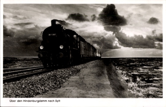 Postcard Island Sylt in North Frisia, steam locomotive, over the Hindenburgdamm to Sylt