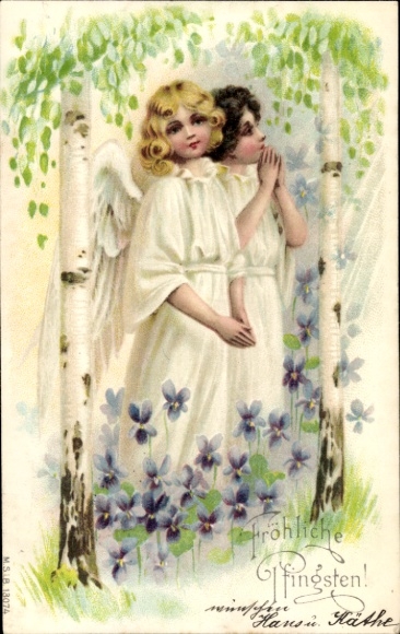 Chromo-Litho Congratulations Pentecost, angels, birches, flowers