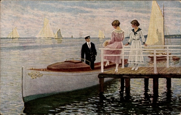 Artist Postcard Fischer, Paul, Water Party, Man in Motorboat, Two Women on the Jetty
