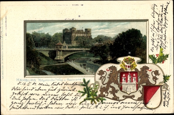 Embossed Passepartout Coat of Arms Chromo-Litho Hamburg Mitte St. Pauli, Helgoländer Weg and Seewarte