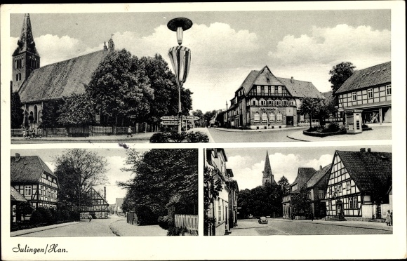 Postcard Sulingen in Lower Saxony, church, street section, half-timbered houses